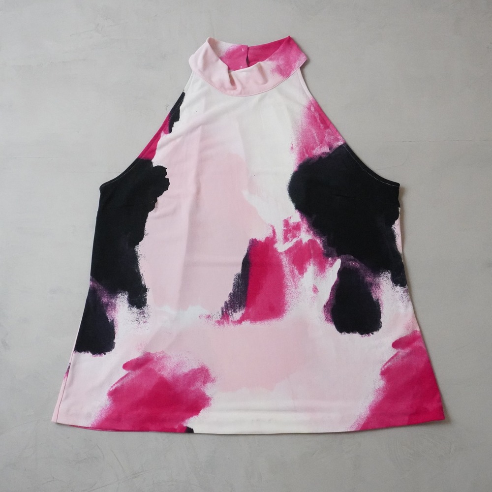 DKNY Abstract Paint Splatter Halter Top XL Womens Pink Black High Neck Blouse